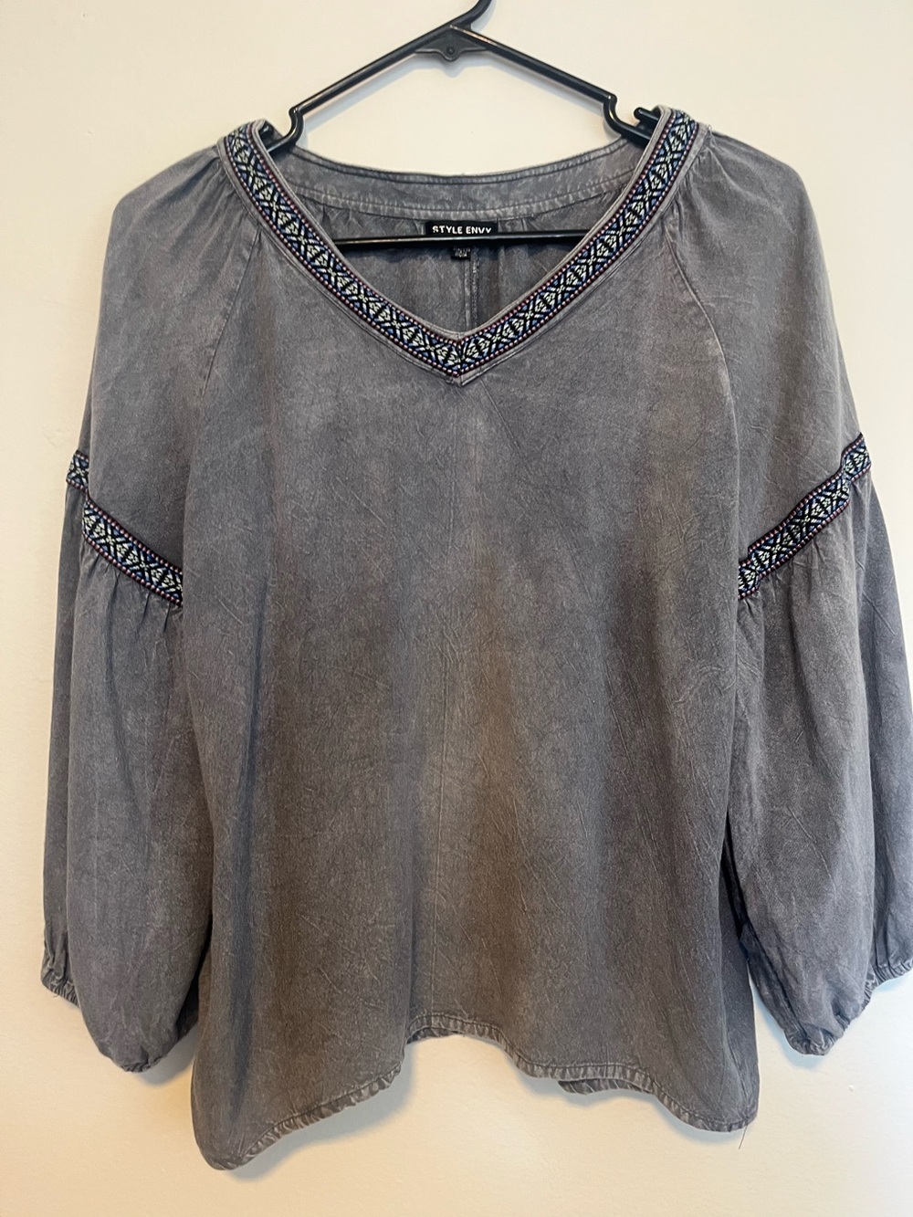 Style Envy Washed Gray V-Neck Embroidered Tunic